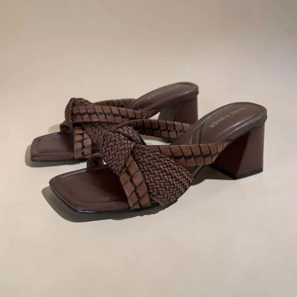 Marc Fisher Women's Square Toe Woven Block Heel Mules in Dark Brown - Picture 1 of 6